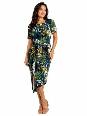 Per Una Dress Floral Tropical Stretch Midi Shortsleeve Bodycon Blue Green Size M